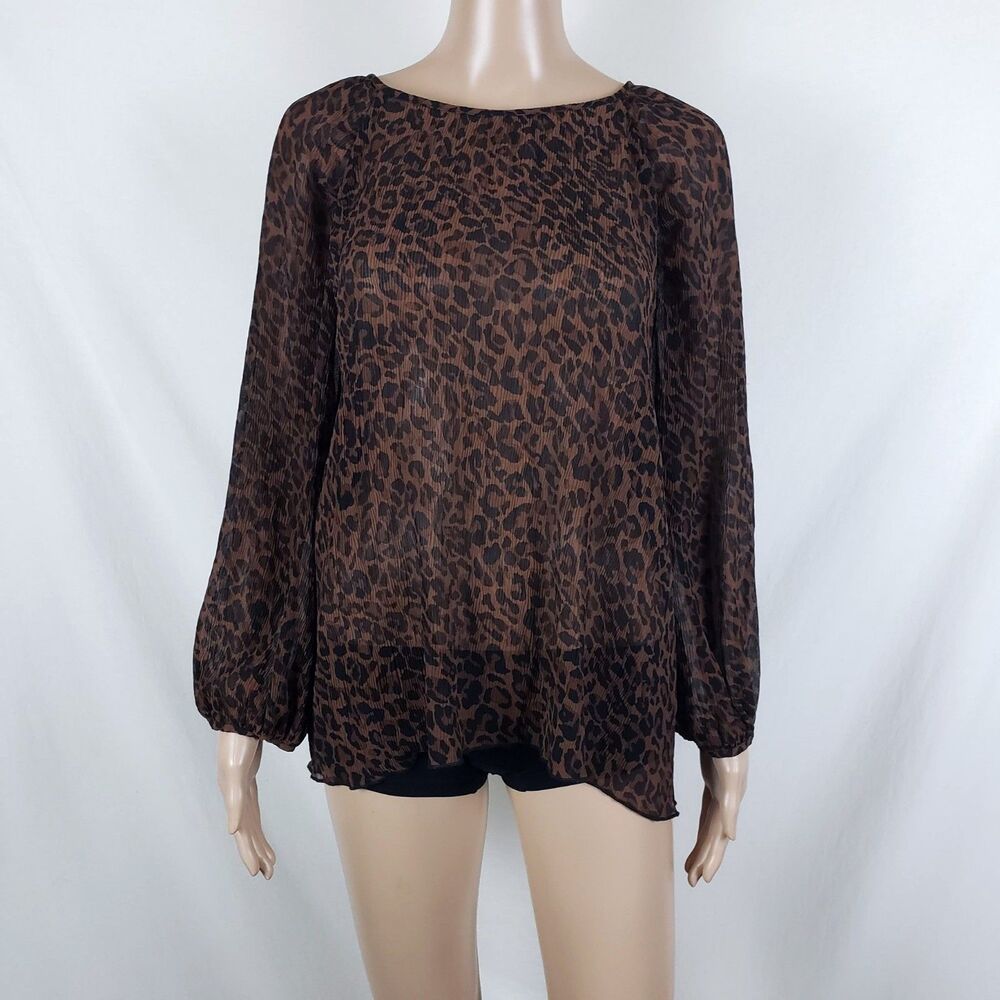 Zara Leopard Blouse Womens M Brown Balloon Sleeve Sheer Boho Boat Neck